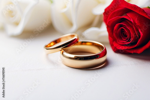 Intimate wedding rings with a single red and white rose, symbolizing pure and passionate love respectively photo