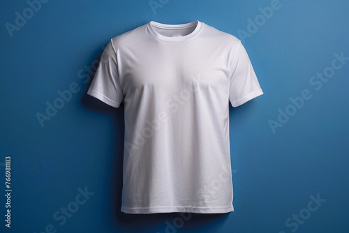 A simple yet elegant white t-shirt displayed on a solid blue backdrop, ideal for design mockups