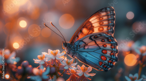 A close-up shot of a delicate blue morpho butterfly perched delicately upon a blooming flower, its iridescent wings shimmering in the sunlight like fine silk, showcasing the intric © Наталья Евтехова