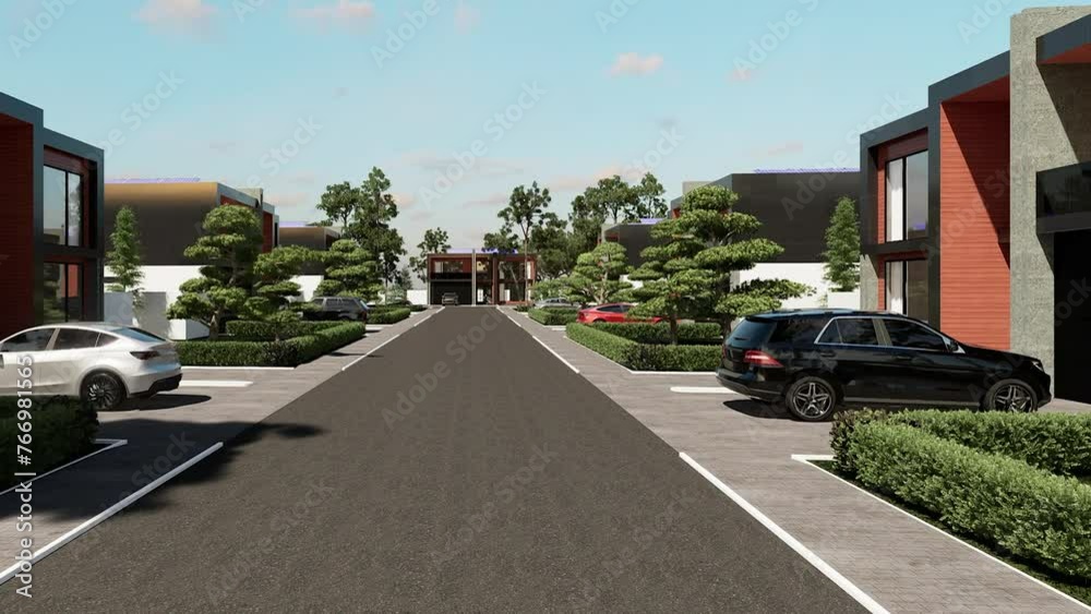 3D Animation Modern townhouse, cozy house with parking for sale or rent in luxurious style and beautiful landscaping in the background. Sunny day with a clear blue sky. 3D Animation Modern townhouse, cozy house with parking for sale or rent in luxurious style and beautiful landscaping in the background. Sunny day with a clear blue sky.