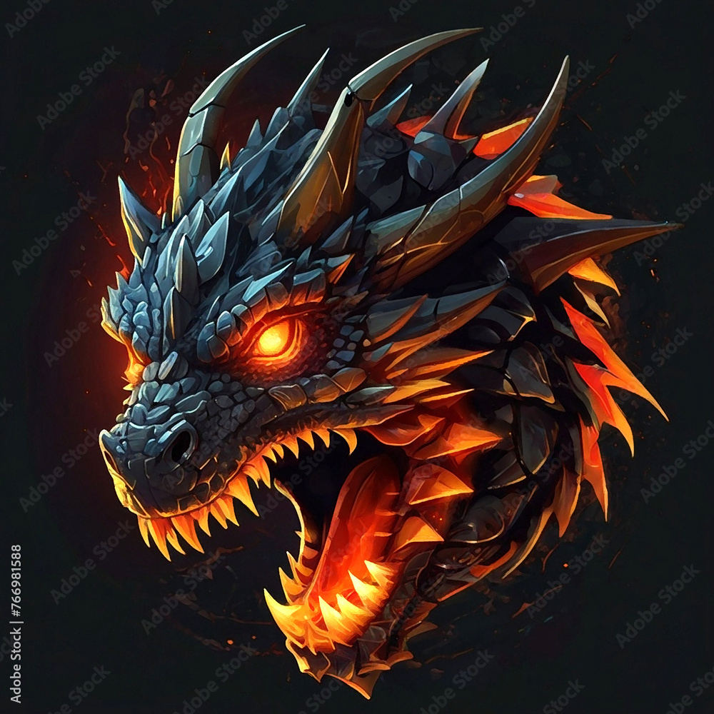 Fantastic cartoon character design dragon head illustration on black backround Fantastic cartoon character design dragon head illustration on black backround