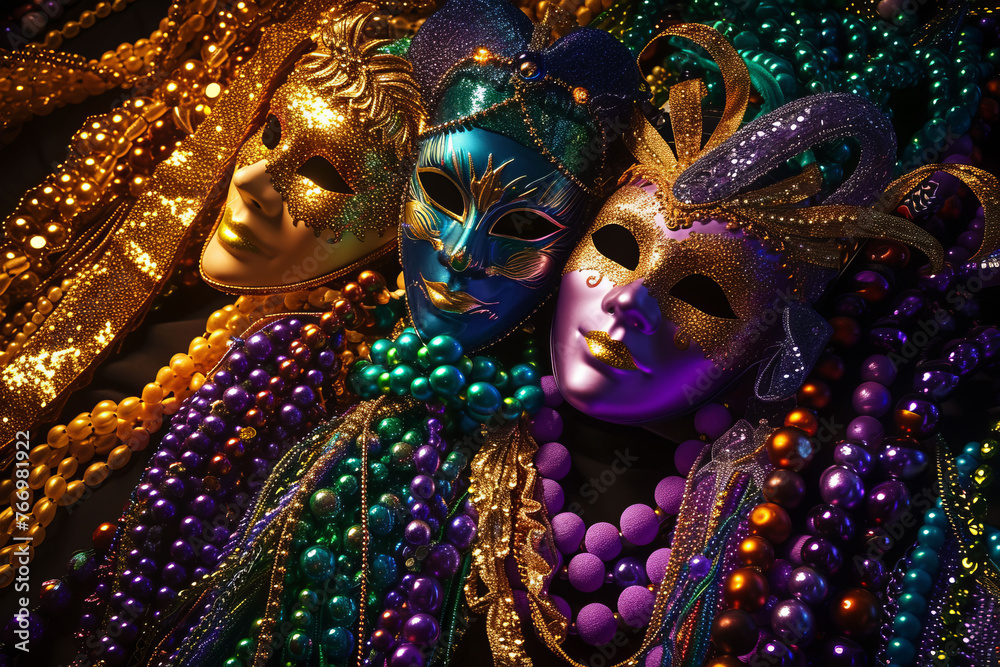 A display of various Mardi Gras beads arranged artfully and intertwined with masks of diverse shapes and designs, all illuminated by striking stage lighting.