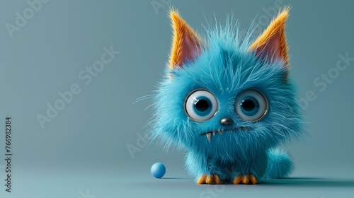 Cute blue cartoon creature with big eyes and a fluffy tail. It is looking at a small blue ball. The creature is sitting on a light blue background.