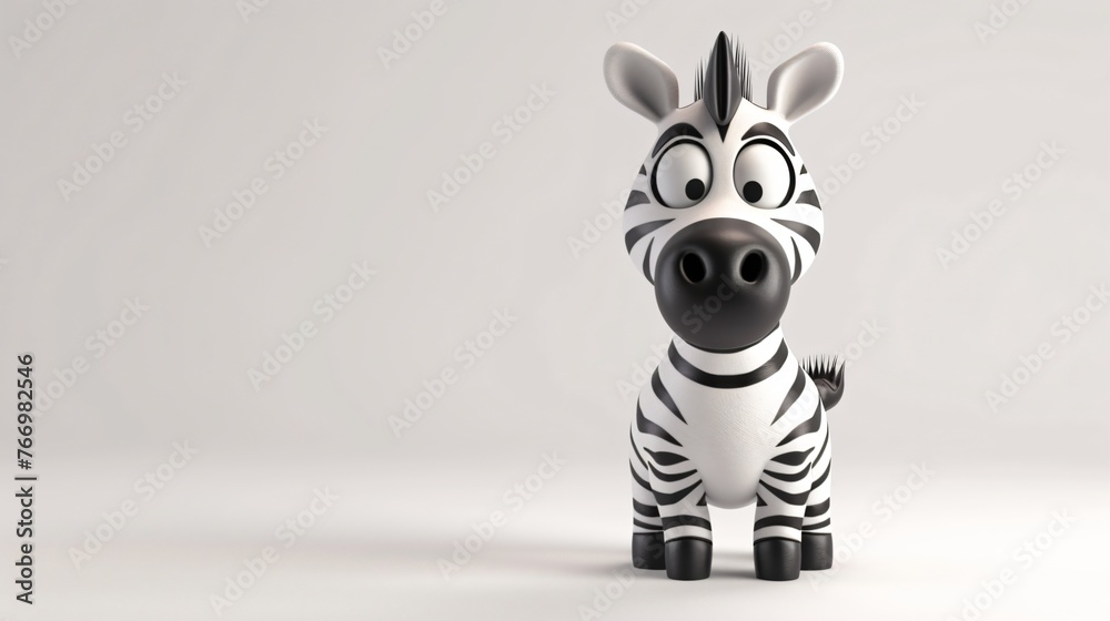 Fototapeta premium 3D rendering of a cute and cartoonish zebra. The zebra has big eyes, a small nose, and a black and white striped coat.