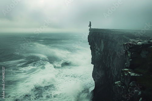 A solitary figure stands at the edge of a cliff overlooking a vast, stormy sea, symbolizing the uncertainty and risk inherent in financial investments.