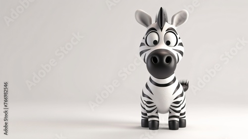 3D rendering of a cute and cartoonish zebra. The zebra has big eyes, a small nose, and a black and white striped coat.