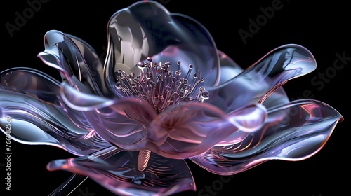 3D rendering of a beautiful flower made of glass. The petals are transparent and have a glossy finish.