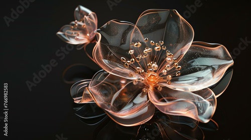 3D rendering of a beautiful flower made of glass or crystal with a golden pistil. Isolated on a black background.