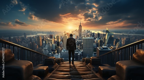 Businessman standing on the stairs and looking at the city at sunset photo
