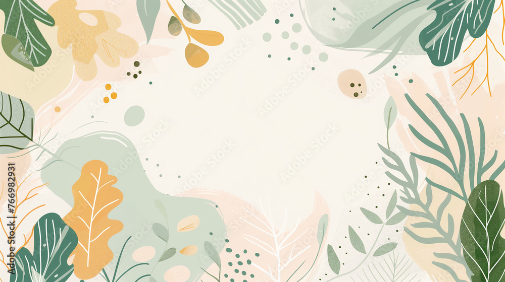 Botanical Design Elements Frame, Pastel Leaves and Floral Accents, Nature Themed Background with Copy Space Botanical Design Elements Frame, Pastel Leaves and Floral Accents, Nature Themed Background with Copy Space