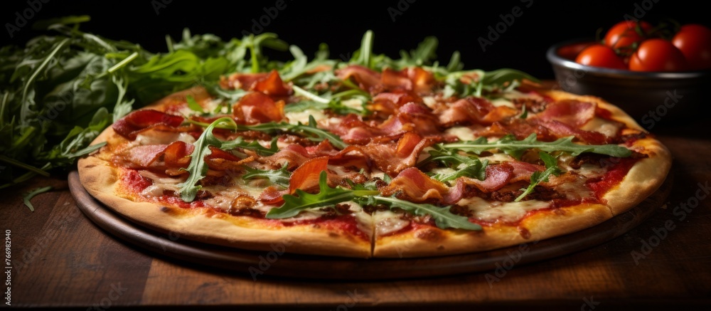 A Californiastyle pizza topped with pizza cheese is placed on a wooden cutting board on a table. It is a delicious and fast food recipe garnished with fresh ingredients A Californiastyle pizza topped with pizza cheese is placed on a wooden cutting board on a table. It is a delicious and fast food recipe garnished with fresh ingredients