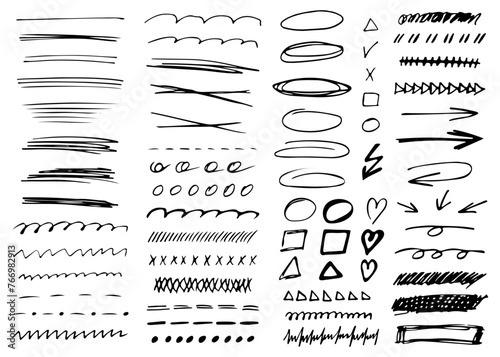A set of hand-drawn vector brushes of different shapes and types. Doodle lines and squiggles. Marker strokes, strikes and swirls. Collection of strokes for emphasis, text highlighting, sketchbook