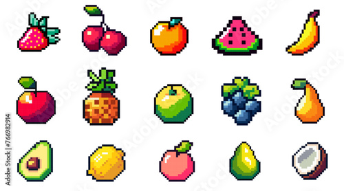 Set of pixel art fruits. Old style 8 bit icons healthy food. Apple, banana, cherry, lemon, peach, coconut, pear, strawberry, watermelon, orange, and other. Vintage computer arcade vector items set