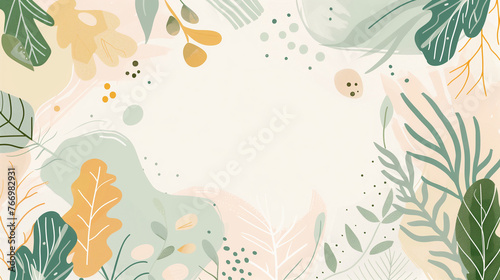 Botanical Design Elements Frame, Pastel Leaves and Floral Accents, Nature Themed Background with Copy Space