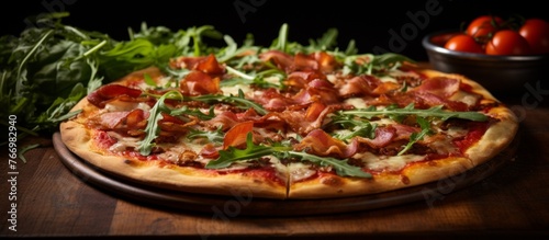 A Californiastyle pizza topped with pizza cheese is placed on a wooden cutting board on a table. It is a delicious and fast food recipe garnished with fresh ingredients