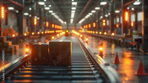 Conveyor belt in a warehouse, packages ready for shipment © ladaz