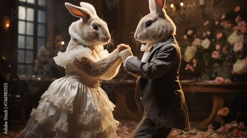 Elegant bunnies in formal attire dance ai generated anthropomorphic scene.