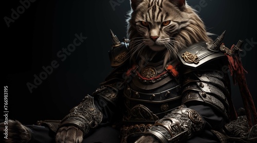 Armored cat warrior sits poised and dignified ai generated character anthropomorphic