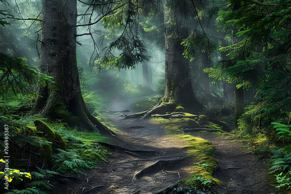 A mystical forest trail showcasing ancient trees with gnarled roots and lush foliage. Sunlight filters through the canopy.