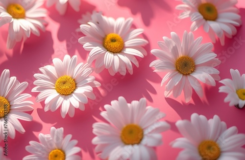 Breathtaking field of white daisies under the sun on a vibrant pink background for nature concept