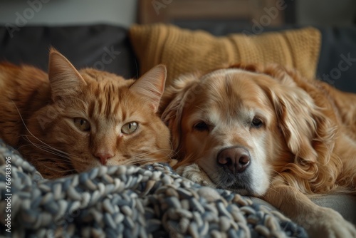 Close-up of a serene cat and dog cuddling on a cozy sofa with a knit blanket