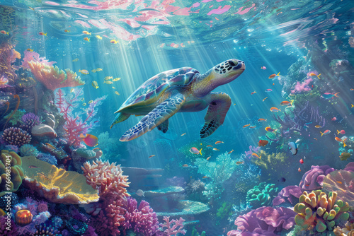 An underwater wonderland teeming with colorful coral reefs  playful sea turtles  and shimmering schools of fish. Sunlight filters through the crystal-clear water.