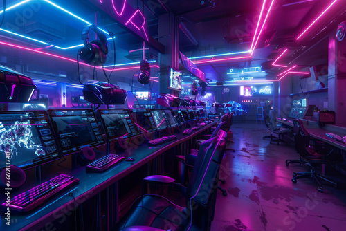An immersive virtual reality gaming hub adorned with high-tech VR headsets, motion capture sensors, and interactive gaming stations. The space pulsates with neon accents.
