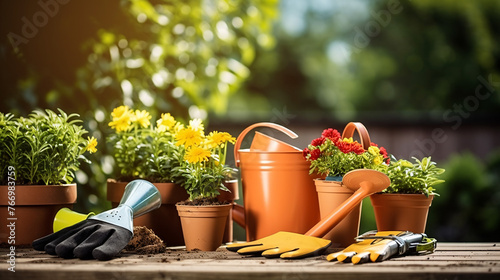 gardening tools and flowers in pots