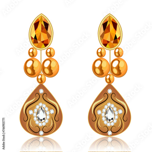 Illustration of jewelry gold earrings with precious stones isolated on white with reflection