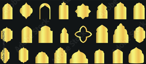 Golden Islamic window vector set, mosque, dome, door, arches, simple, flat, arch, silhouette, ramadan, frame, muslim