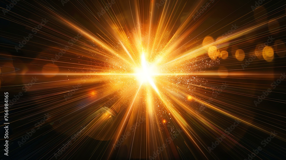 A bright glowing light in the center of a dark background. The light is surrounded by glowing particles and rays.