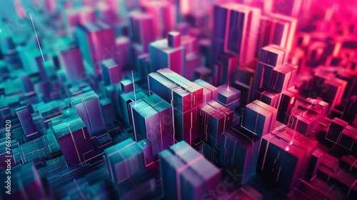 A glowing 3D rendering of a futuristic cityscape. The image is awash in vibrant purples, pinks, and blues.