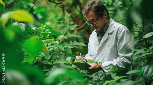 Male scientist wearing glasses and a lab coat writing notes while examining plants in a lush green rainforest.