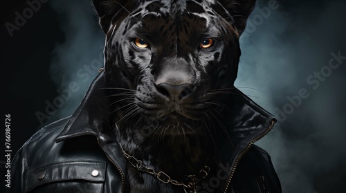Majestic panther clad in leather jacket ai generated character anthropomorphic