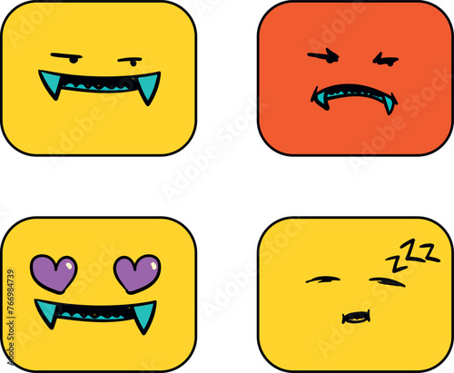 Four emojis or emoticons with different emotions. These characters are suitable for social networks or chats.