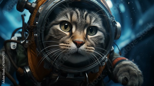 Striped cat clad in vintage astronaut helmet ai generated character anthropomorphic