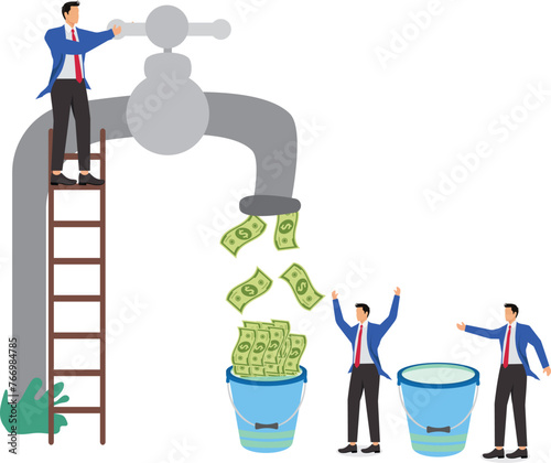 Handouts, economic bailouts, cash is king, money flows, profits from business or investments, investments or stock market dividends, open taps flowing money businessmen have taken buckets of water to  photo