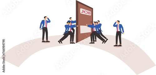 Career recruitment and competition, waves of unemployment, fierce competition for jobs, a group of businessmen inside the gate against a group outside the gate