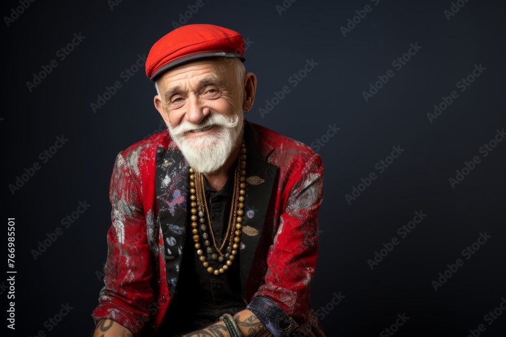 Portrait of an old hippie man with tattoos on his arms. Portrait of an old hippie man with tattoos on his arms.
