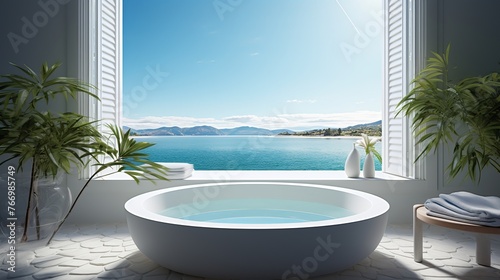 Sea view from circle window with bathtub