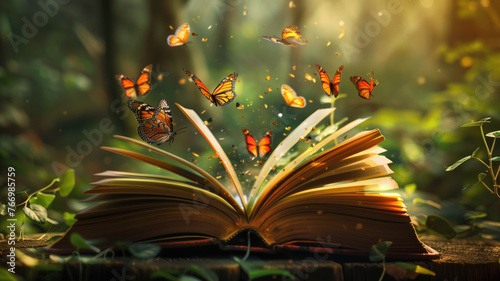 An open book with enchanting butterflies emerging, perfect for fantasy and literature backgrounds Generative AI