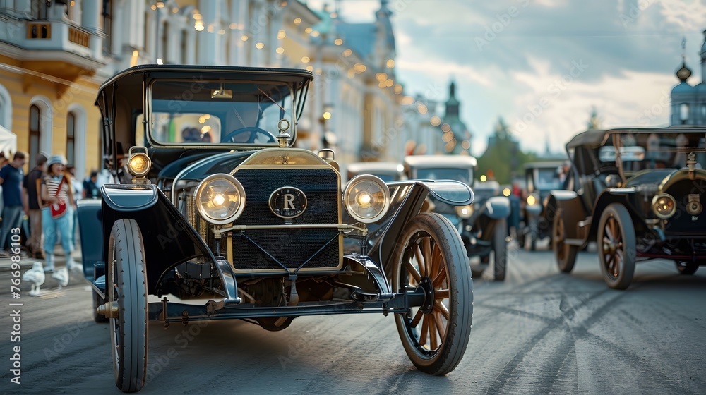 A procession of antique automobiles, with their headlights gleaming, parades down a city street, reviving the glory of early automotive history.