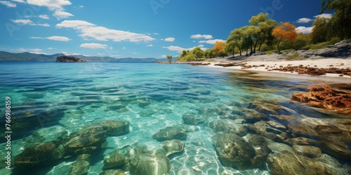 Clear water gently laps against rocky shore on a beautiful beach