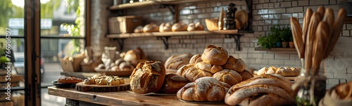 Within the snug confines of an artisan bakery, freshly baked goods, while rustic wooden shelves proudly showcase a tempting assortment of bread, pastries, and desserts.