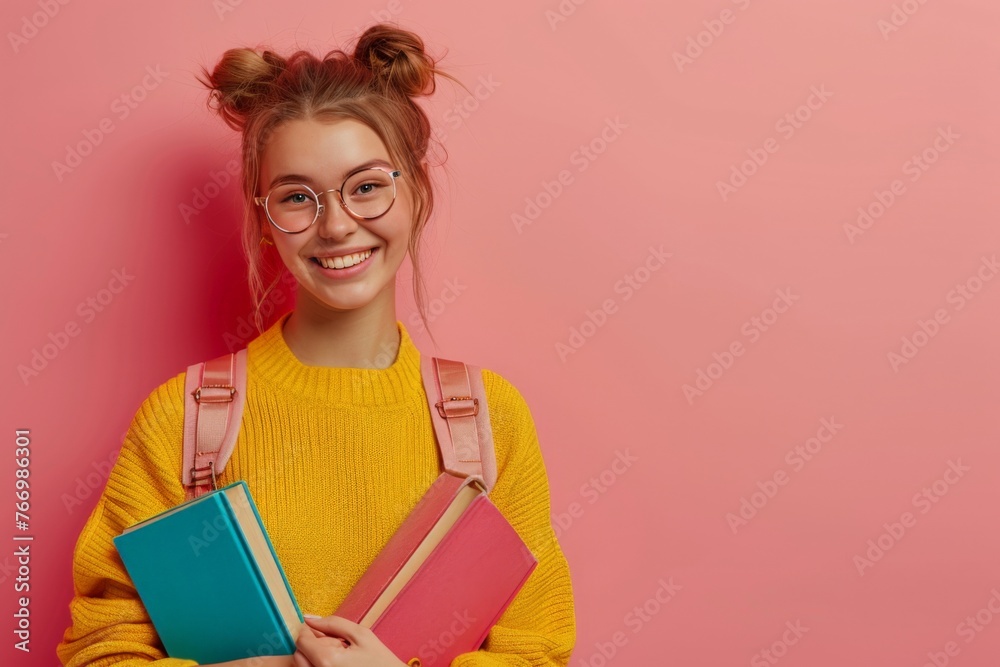 Smiling teenage girl holding books on pink background, isolated with copy space for text, educational concept portrait Smiling teenage girl holding books on pink background, isolated with copy space for text, educational concept portrait