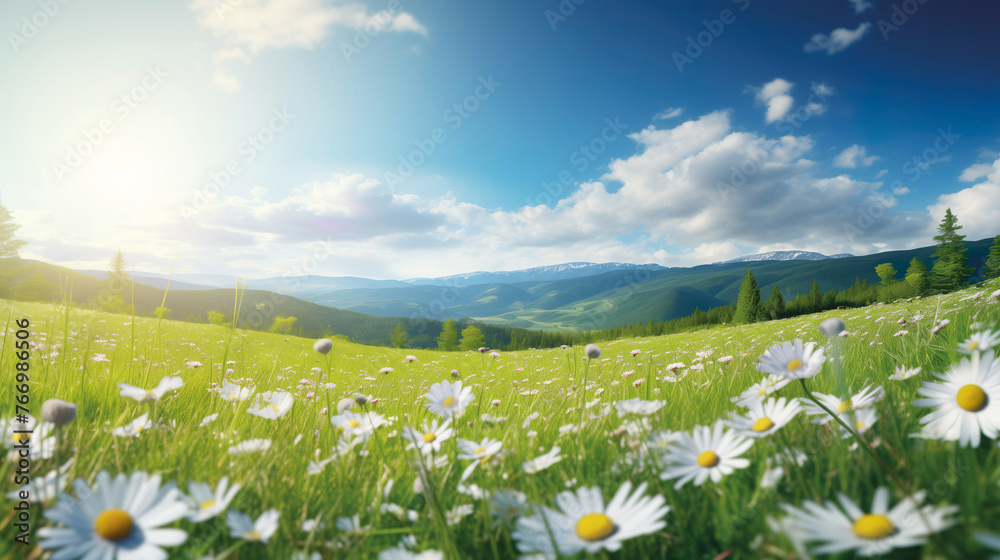 Sunlit daisy field on a summer meadow in nature, flowers and beautiful spring panorama landscape in nice weather and sunshine