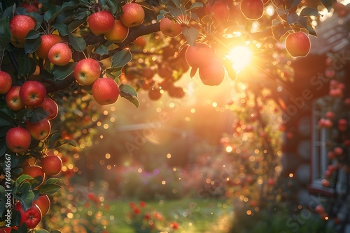 Apple tree with ripe red apple fruits and farmhouse in the background