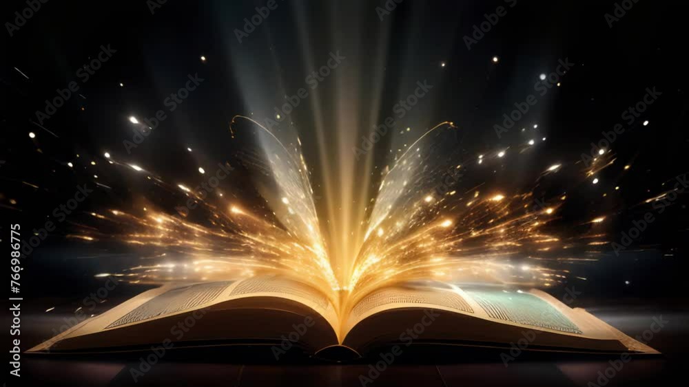 Golden magic book with spells, golden glow around