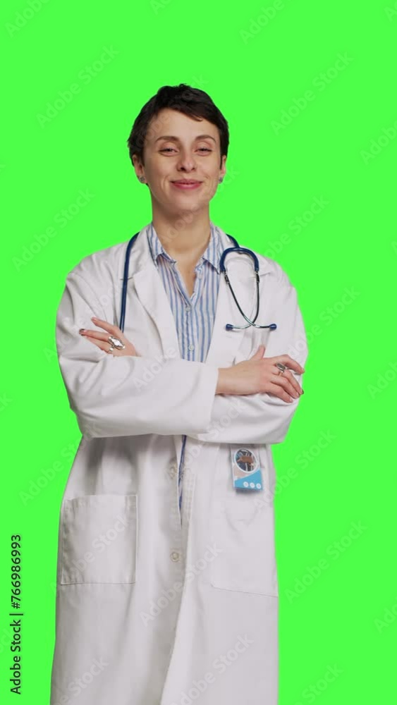 Front view Portrait of successful physician standing with arms crossed against greenscreen backdrop, wearing a white coat and stethoscope. Doctor feeling confident with healthcare expertise. Camera B. Front view Portrait of successful physician standing with arms crossed against greenscreen backdrop, wearing a white coat and stethoscope. Doctor feeling confident with healthcare expertise. Camera B.