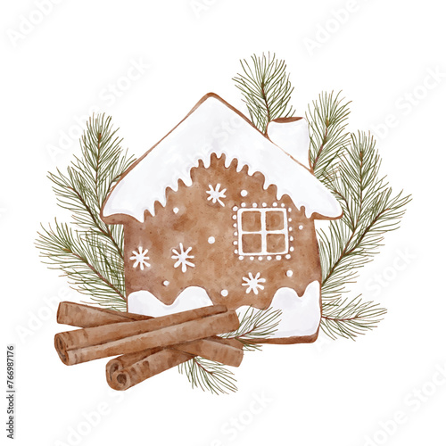 Christmas illustration of gingerbread with conifer branches